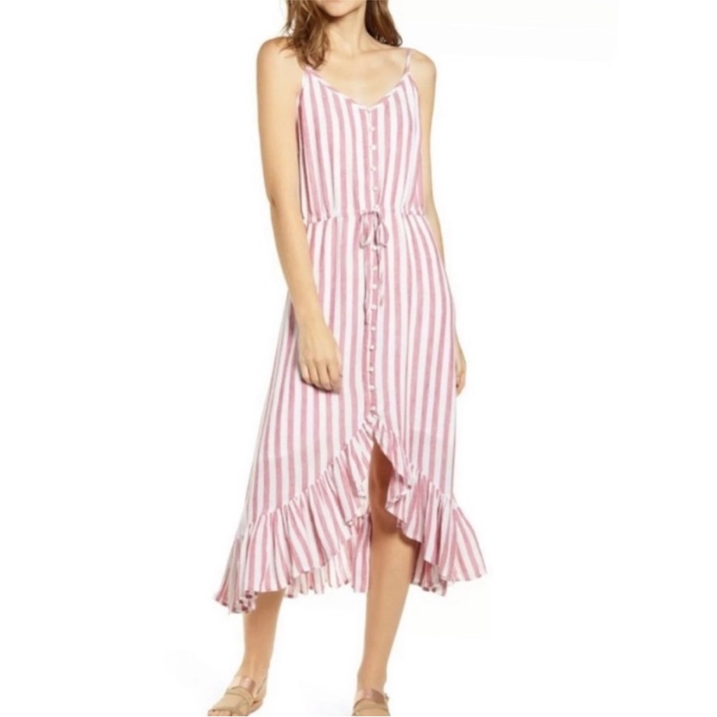 Rails Frida Carmine Linen Blend Sleeveless Hi-Low Striped Midi Dress Small